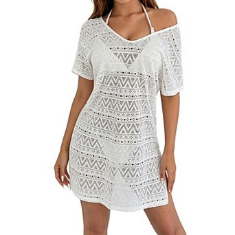 Women's Cover Up Dress Deep V Neck Backless Hollow Out Short Sleeve Beach Coverup with Side Slit