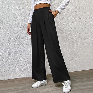 Women's Ribbed Wide-Leg Pants with Elastic Waistband