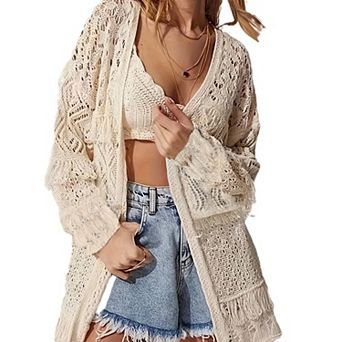 Boho Crochet Knit Cardigan for Women Long Sleeve Cover Ups Fashion Summer Beach Open Front Kimono