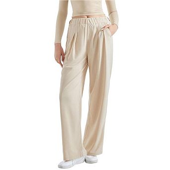 Women's High Waisted Wide Leg Pants Elastic Waist Pleated Front Casual Trousers with Pockets