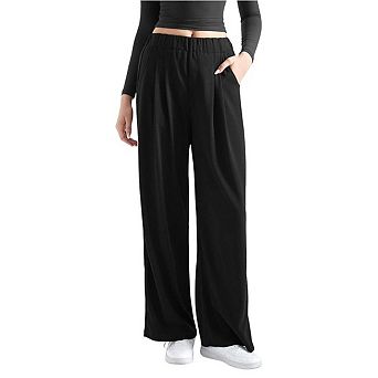 Women's High Waisted Wide Leg Pants Elastic Waist Pleated Front Casual Trousers with Pockets