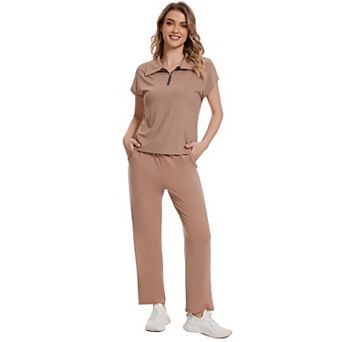 Womens 2 pc Outfits Zipper V Neck Casual Short Sleeve Tops Drawstring Sweatpants Lounge Sets