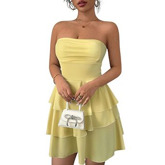 Women Casual Strapless Ruffle Midi Dress Tiered Layered Ruched Bust Pelpum A Line Cocktail Dress