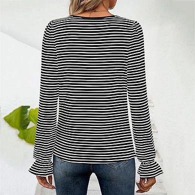 Women's Striped Square Neck Blouse, Long Puff Sleeve with Ruffled Cuffs Casual Top