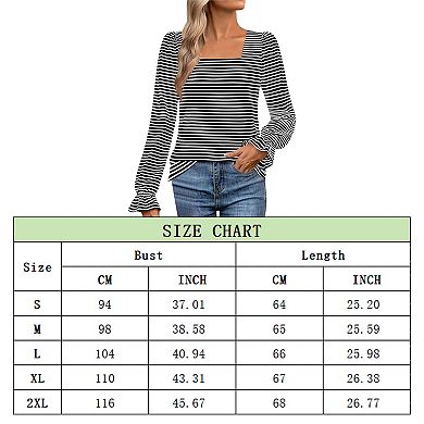 Women's Striped Square Neck Blouse, Long Puff Sleeve with Ruffled Cuffs Casual Top