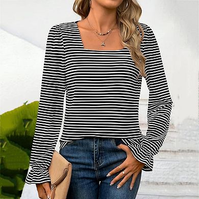 Women's Striped Square Neck Blouse, Long Puff Sleeve with Ruffled Cuffs Casual Top