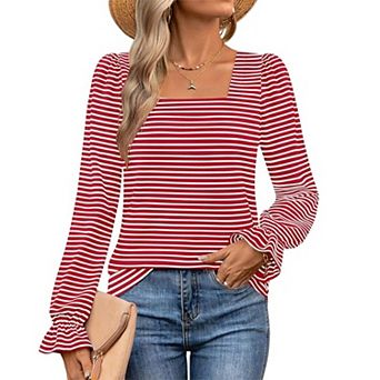 Women's Striped Square Neck Blouse, Long Puff Sleeve with Ruffled Cuffs Casual Top