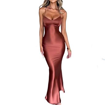 Women's Slip Maxi Dress Sleeveless Open Back Backless Lace Up Bandage Criss Cross Satin Party Dress