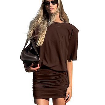 Women's Casual Crew Neck Short Sleeve Knee Length Dress Pleated Spliced Vintage A Line Vacation Wear