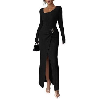 Women's Long Sleeve Maxi Bodycon Dresses Elegant Semi Formal Cocktail Knit Body Con Weddding Guest
