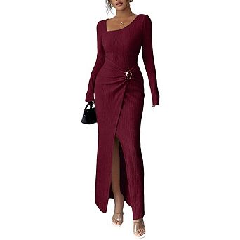 Women's Long Sleeve Maxi Bodycon Dresses Elegant Semi Formal Cocktail Knit Body Con Weddding Guest