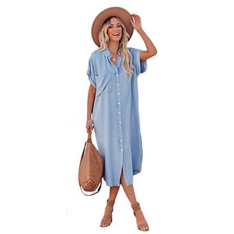 Women's Summer Loose Hand Pocket Midi Long Tunic Denim Shirt Dress