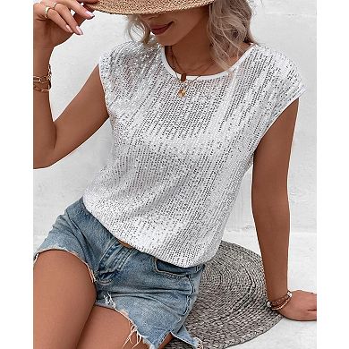 Women's Sequined Round Neck Tank Top Loose Fit Sleeveless Party Tee