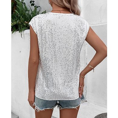 Women's Sequined Round Neck Tank Top Loose Fit Sleeveless Party Tee