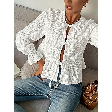 Women's Ruffle Sleeve Tie-Front Blouse Long Sleeve Peplum Top