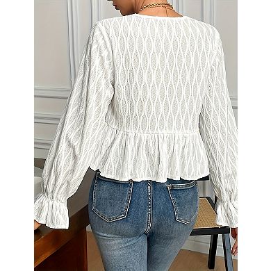 Women's Ruffle Sleeve Tie-Front Blouse Long Sleeve Peplum Top