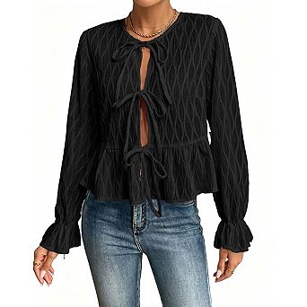 Women's Ruffle Sleeve Tie-Front Blouse Long Sleeve Peplum Top