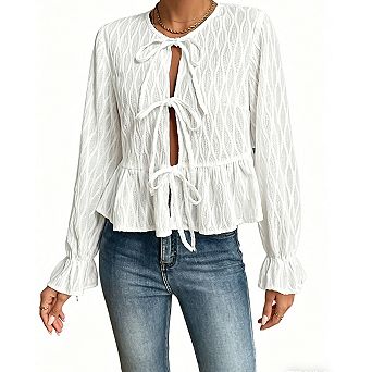 Women's Ruffle Sleeve Tie-Front Blouse Long Sleeve Peplum Top