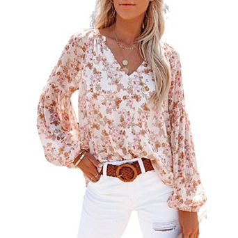Women's V-Neck Lantern Sleeve Floral Blouse Elegant Long Sleeve Shirt