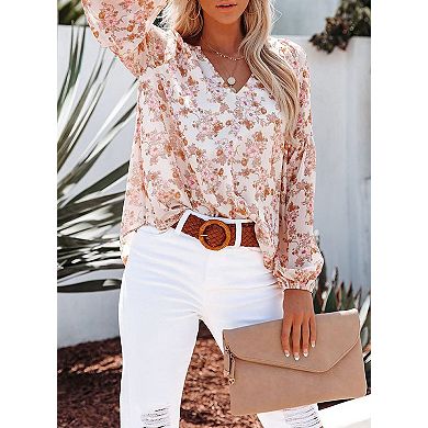 Women's V-Neck Lantern Sleeve Floral Blouse Elegant Long Sleeve Shirt
