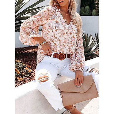 Women's V-Neck Lantern Sleeve Floral Blouse Elegant Long Sleeve Shirt