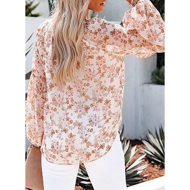 Women's V-Neck Lantern Sleeve Floral Blouse Elegant Long Sleeve Shirt