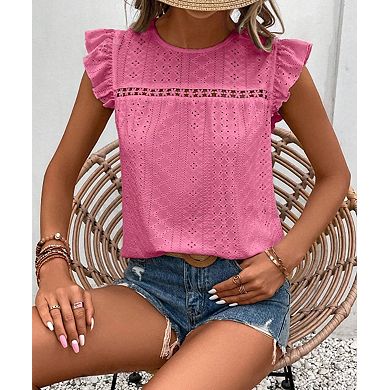 Women's Lace Trim Short Sleeve Blouse Round Neck Ruffle Top