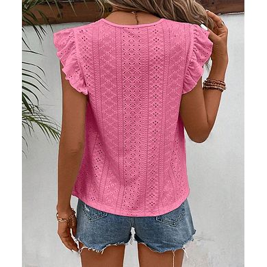 Women's Lace Trim Short Sleeve Blouse Round Neck Ruffle Top