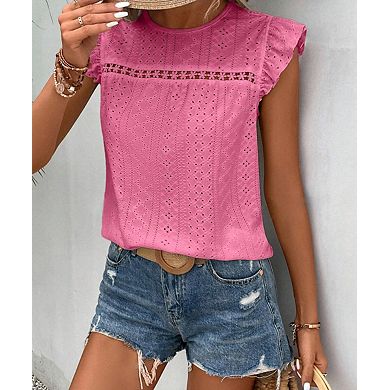 Women's Lace Trim Short Sleeve Blouse Round Neck Ruffle Top