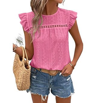 Women's Lace Trim Short Sleeve Blouse Round Neck Ruffle Top