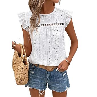 Women's Lace Trim Short Sleeve Blouse Round Neck Ruffle Top