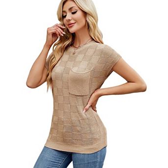 Womens Sweater Tops Knit Short Sleeve Tops Crew Neck Pullover Casual T Shirt Blouse
