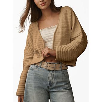 Womens Ribbed Knit Cardigan Open Front Cropped Tops Long Sleeve Casual Sweater
