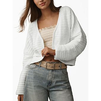 Womens Ribbed Knit Cardigan Open Front Cropped Tops Long Sleeve Casual Sweater