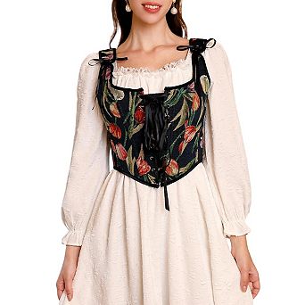 Renaissance Floral Corset Tops for Women Going-Out Push-Up Overbust Bustier Lace-Up Boned Bodyshaper