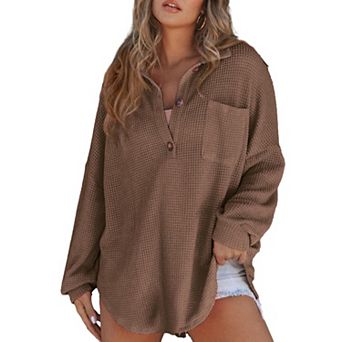 Waffle Knit Tops for Women Long Sleeve Shirts Oversized Button Down Tunic Blouse Fashion Fall Clothi