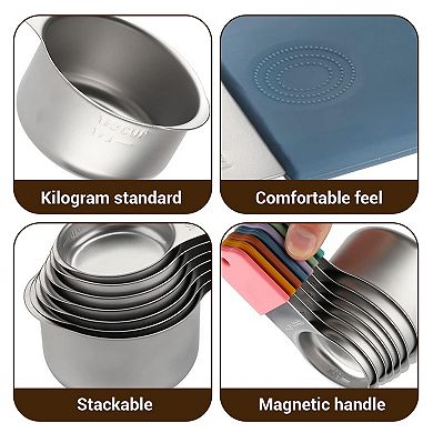 16pcs 304 Stainless Steel Magnetic Measuring Cups, Black Handle Kitchen Measuring Set for Cooking