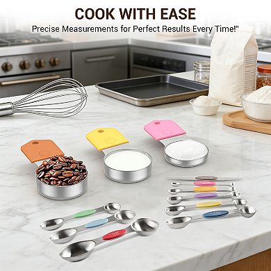 16pcs 304 Stainless Steel Magnetic Measuring Cups, Black Handle Kitchen Measuring Set for Cooking