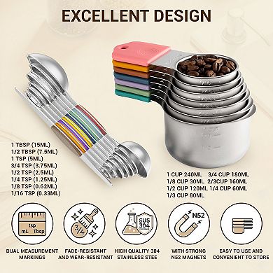 16pcs 304 Stainless Steel Magnetic Measuring Cups, Black Handle Kitchen Measuring Set for Cooking