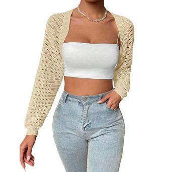 Womens Sweater Shrug Crochet Knit Tops Long Sleeve Cropped Open Front Cardigan