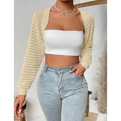 Womens Sweater Shrug Crochet Knit Tops Long Sleeve Cropped Open Front Cardigan