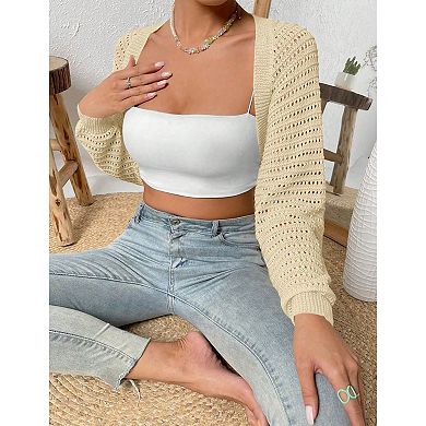 Womens Sweater Shrug Crochet Knit Tops Long Sleeve Cropped Open Front Cardigan