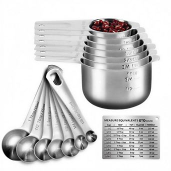 15 pc Heavy Duty Stainless Steel Measuring Cups & Spoons Set, Silver Kitchen Baking Tool
