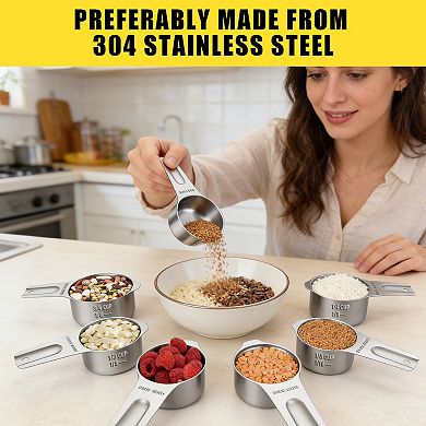 15pcs Heavy Duty Stainless Steel Measuring Cups & Spoons Set, Silver Kitchen Baking Tool