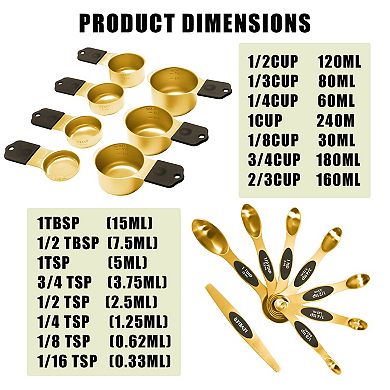 15pcs Gold Plated 304 Stainless Steel Measuring Cups&Spoons Set,with Silicone Handles & Leveler