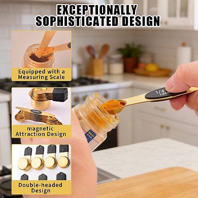 15pcs Gold Plated 304 Stainless Steel Measuring Cups&Spoons Set,with Silicone Handles & Leveler