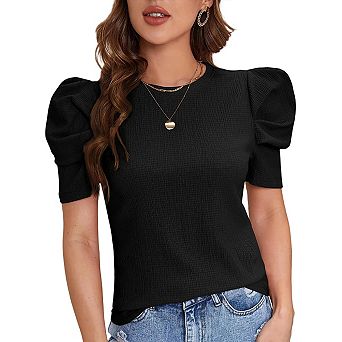 Women's Puff Short Sleeve Sweater Tops Summer Fall Trendy Knit Crew Neck Casual T Shirts Blouses