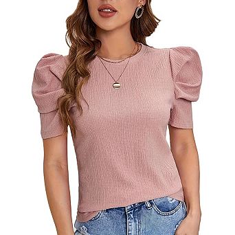 Women's Puff Short Sleeve Sweater Tops Summer Fall Trendy Knit Crew Neck Casual T Shirts Blouses