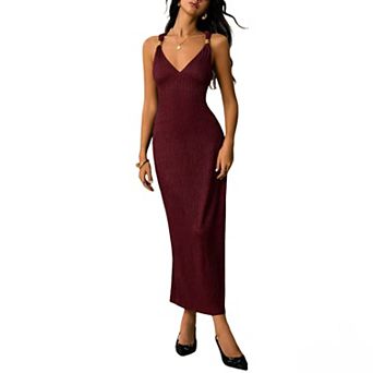 Women's Bodycon Evening Midi Dress V-Neck Backless Metal Accent Straps Cocktail Party Dress