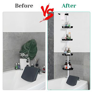 Corner Shower Caddy Tension Pole with 4-Tier Adjustable Shelves, Towel Rack, 101.6"-122" Height